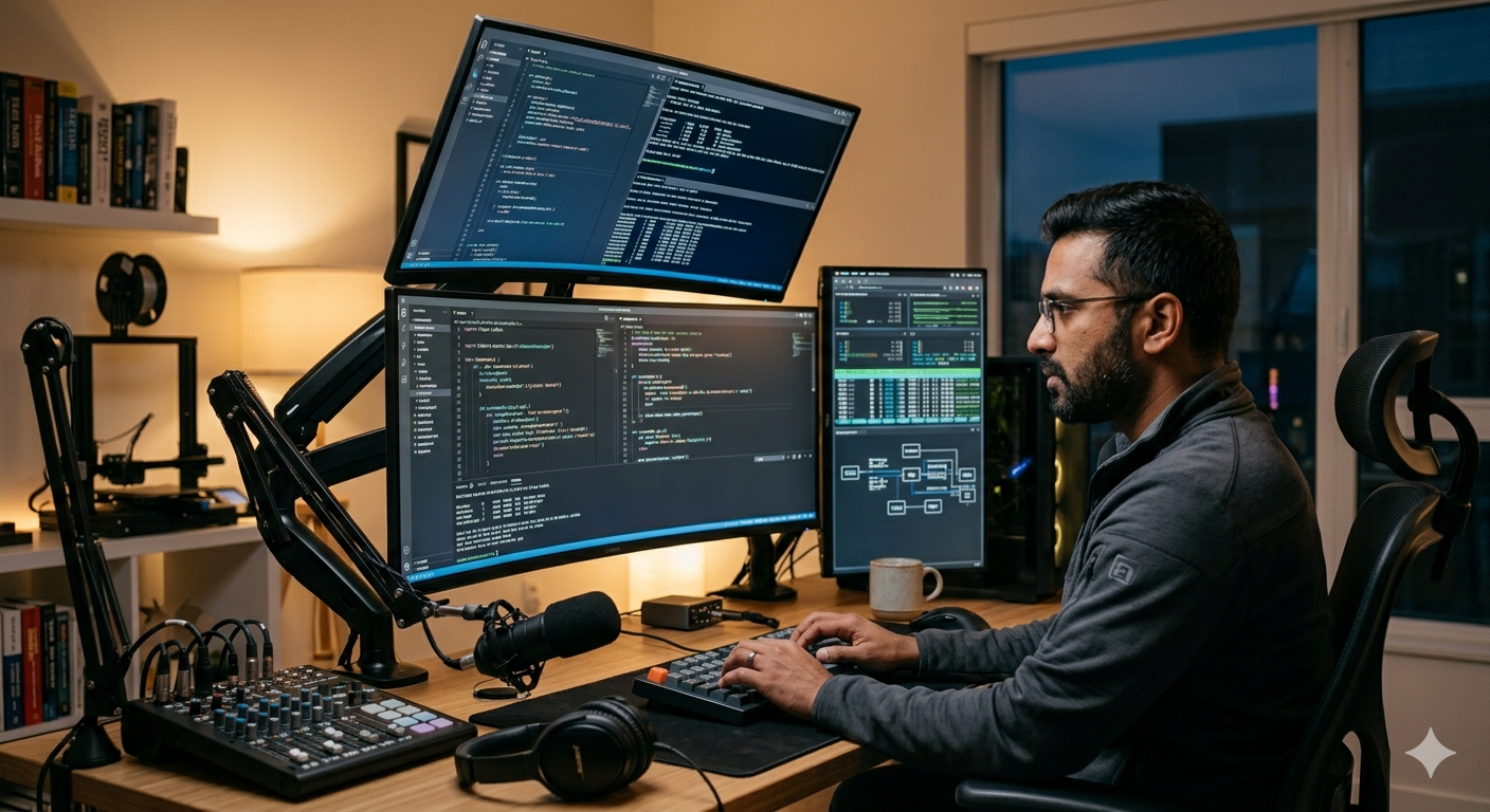 Freelance developer at multi-monitor setup — representing the hidden time cost of configuring complex tools like Dubsado before sending a single invoice