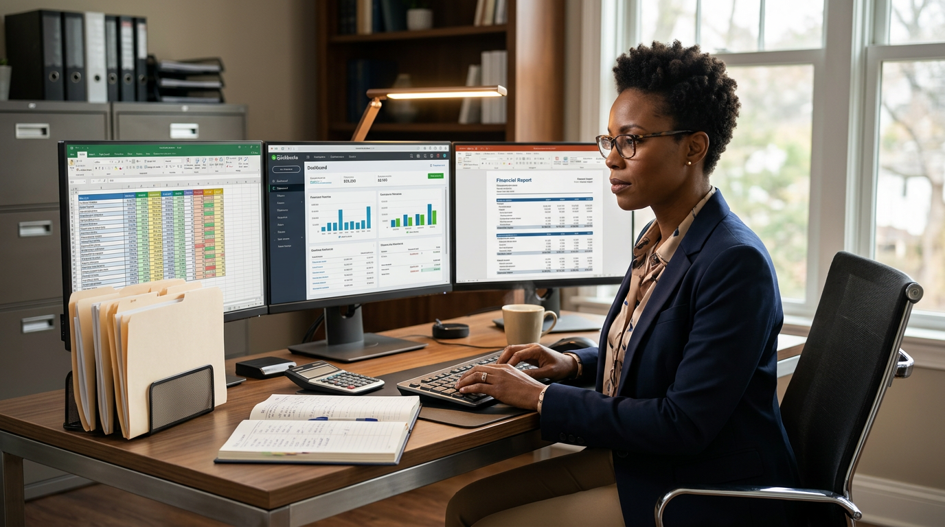 Freelance bookkeeper reviewing invoices