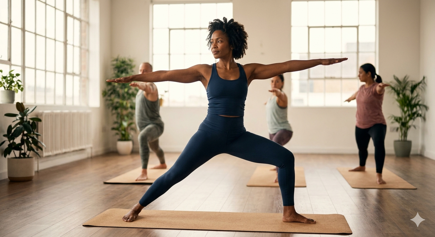 Yoga instructor leading a warrior pose class — a solo service provider who'd exceed FreshBooks' 5-client cap on month one