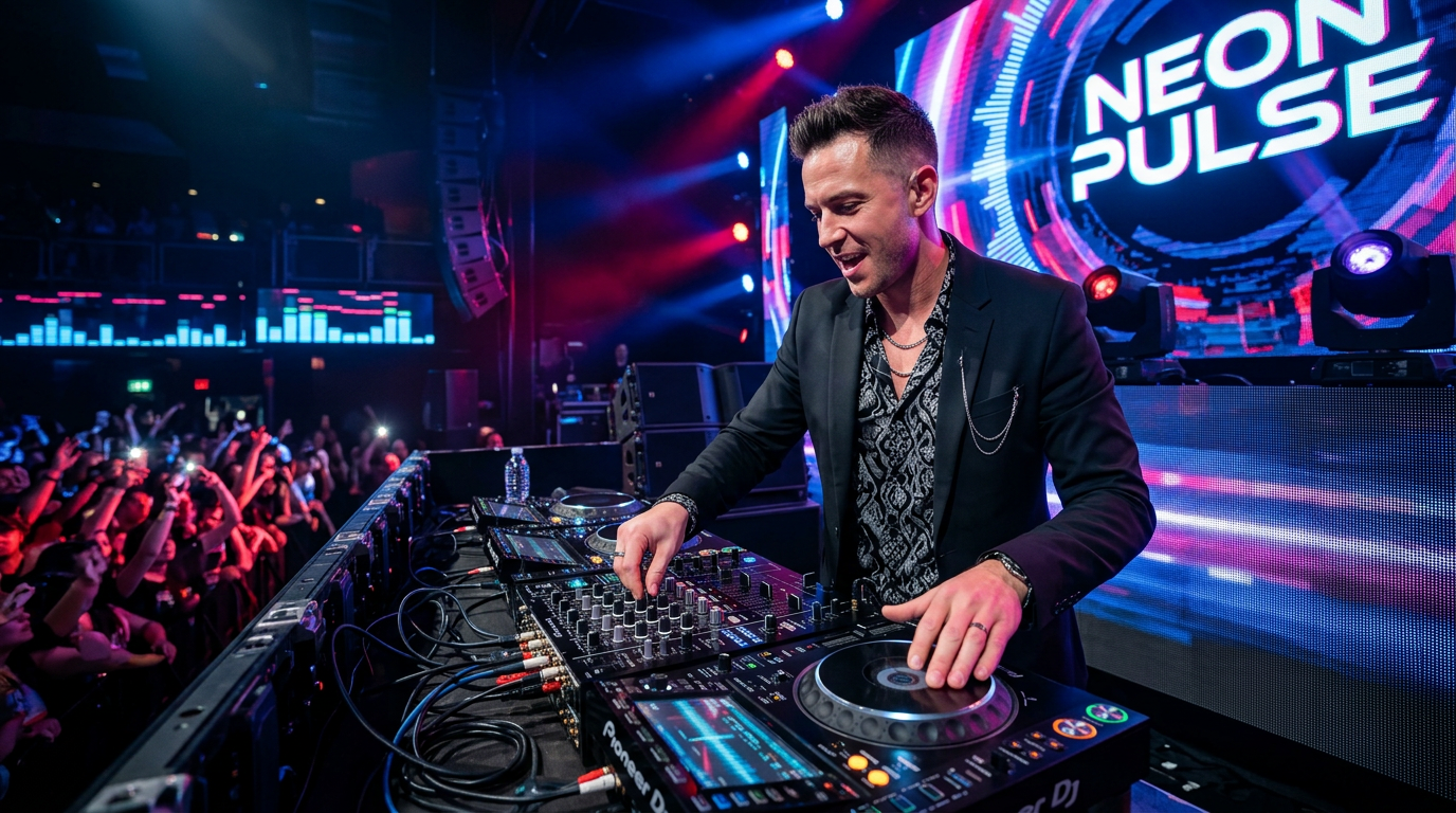 DJ at neon-lit turntable setup — a freelance professional who needs reliable payment collection, not Wave's unpredictable payment holds