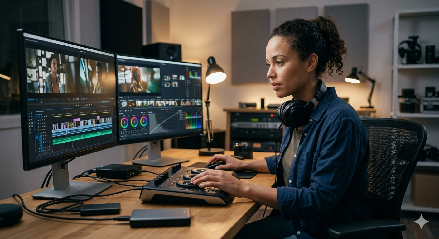 Freelance video editor at workstation