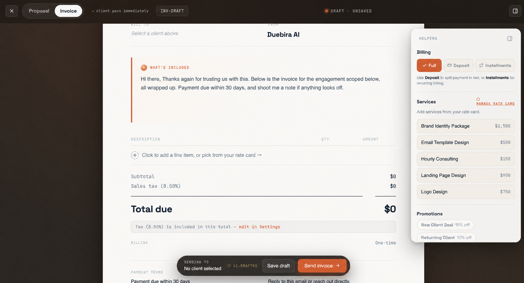 The Duebira composer with the Helpers sidebar showing billing options (Full, Deposit, Installments), rate-card services pulled into the line items, and saved promotions