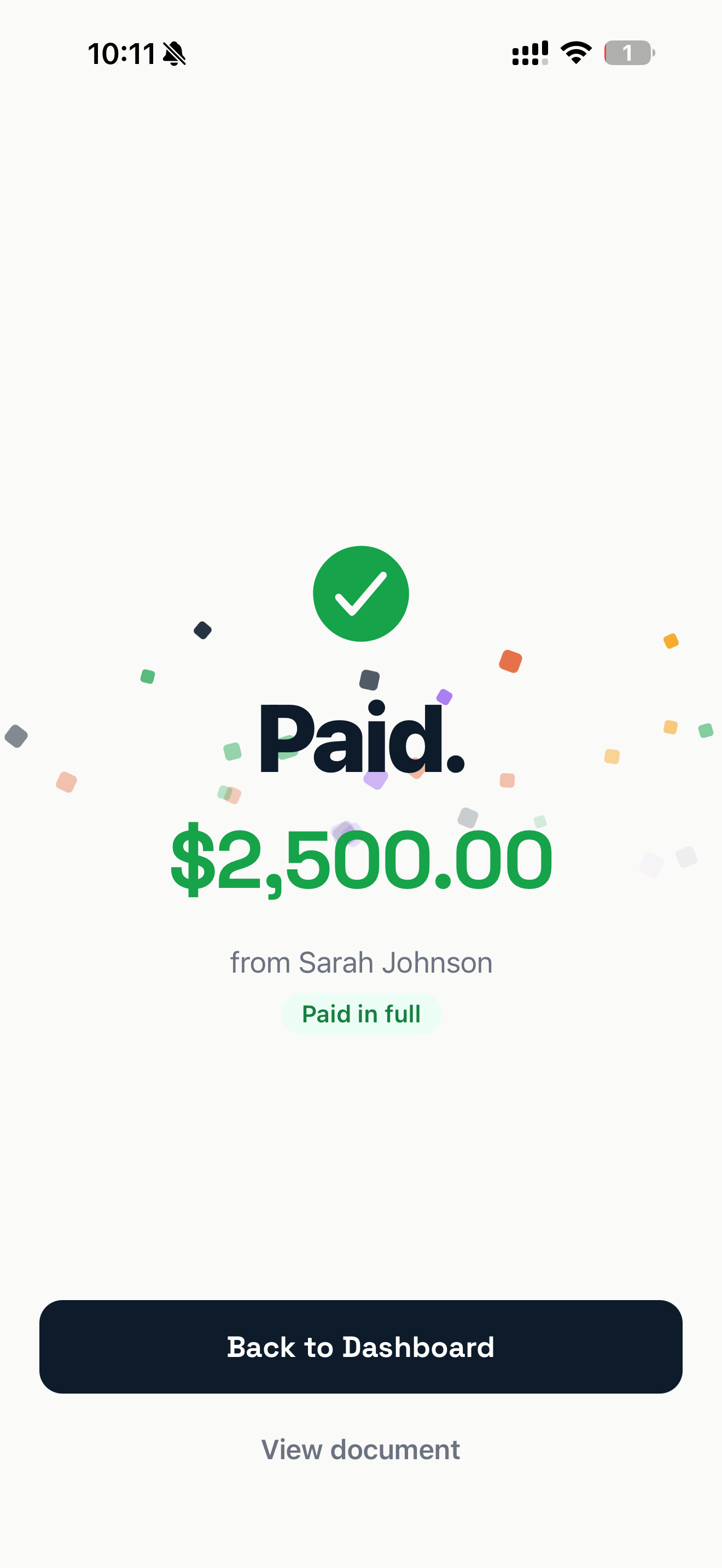 The Duebira Paid confirmation screen with a green checkmark, confetti, and the amount $2,500.00 paid in full from Sarah Johnson
